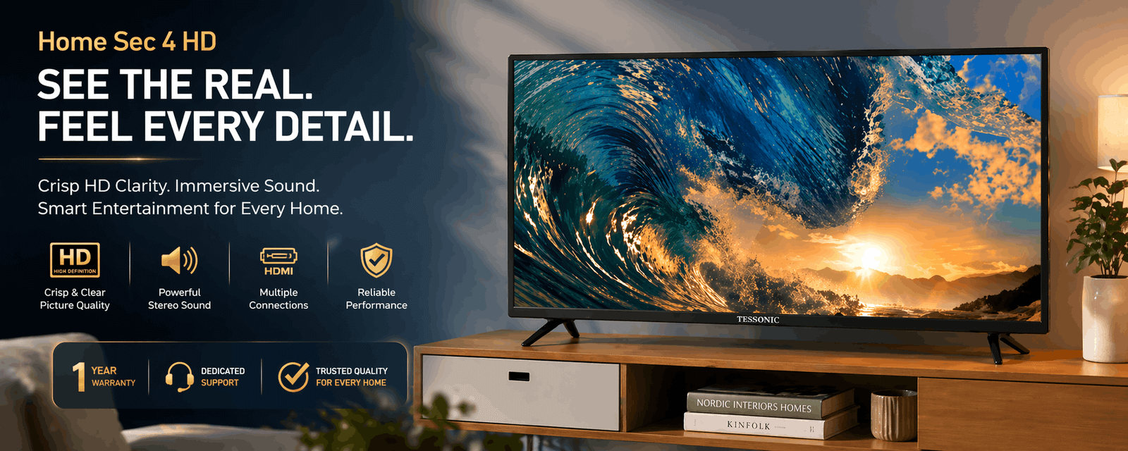 VECTRIS ELITE Business modern home appliances and smart TV display in stylish living room