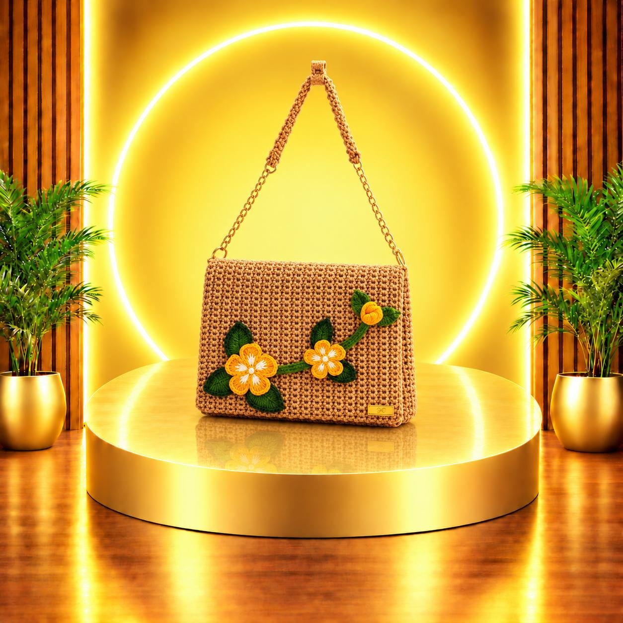 Tan Flower Chain Bag